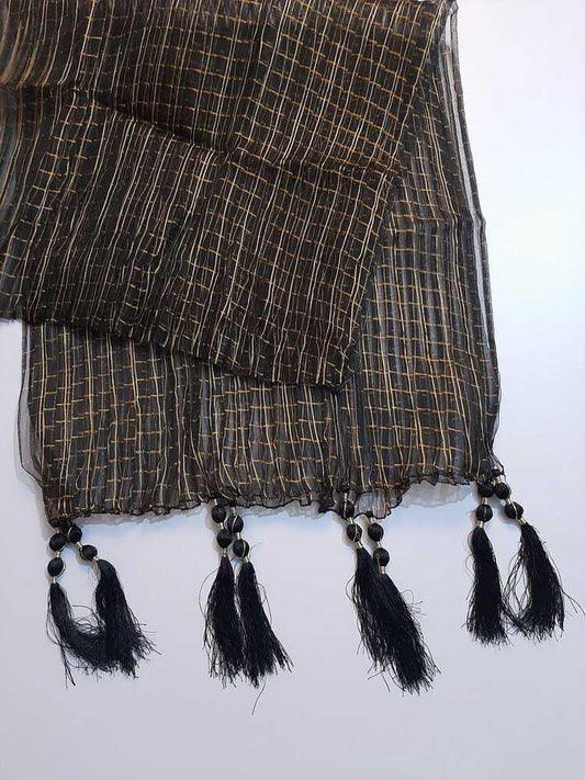 Check Dupatta - Organza With tassels - Large - Black - ZD531