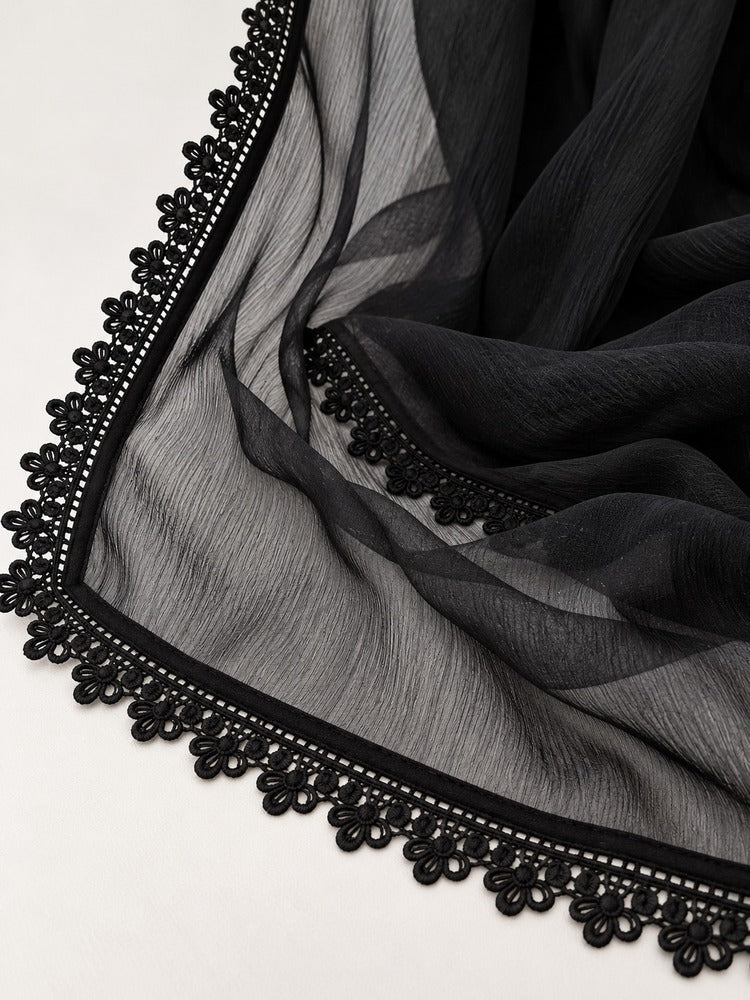 Chiffon Dupatta With 4 Sided Lace – Black - ZD937