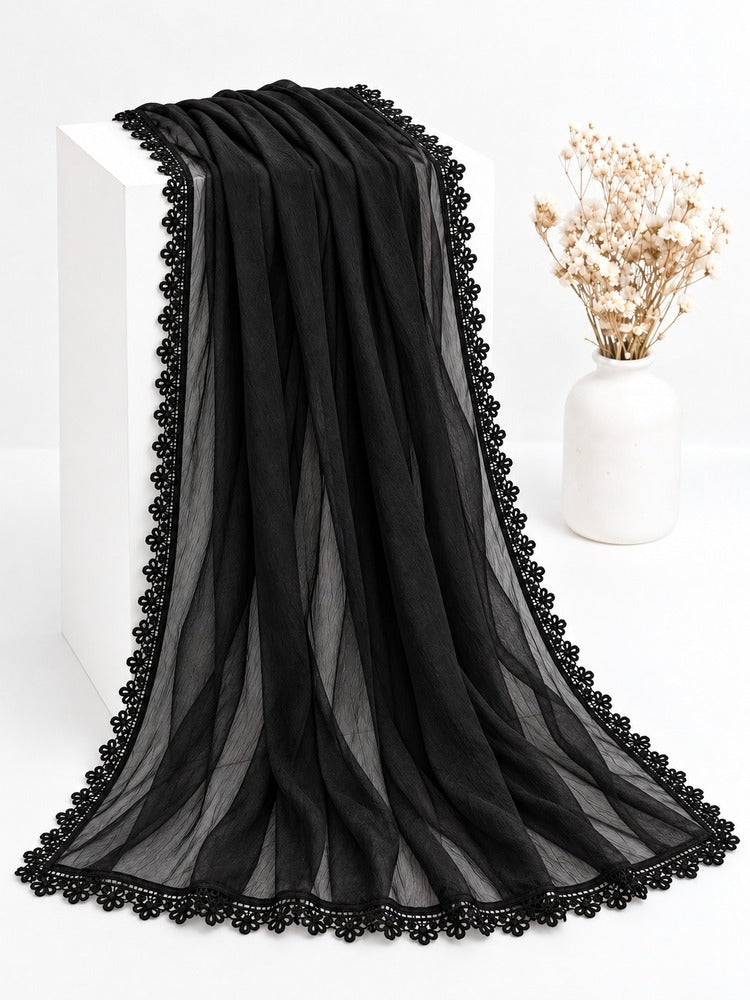 Chiffon Dupatta With 4 Sided Lace – Black - ZD937