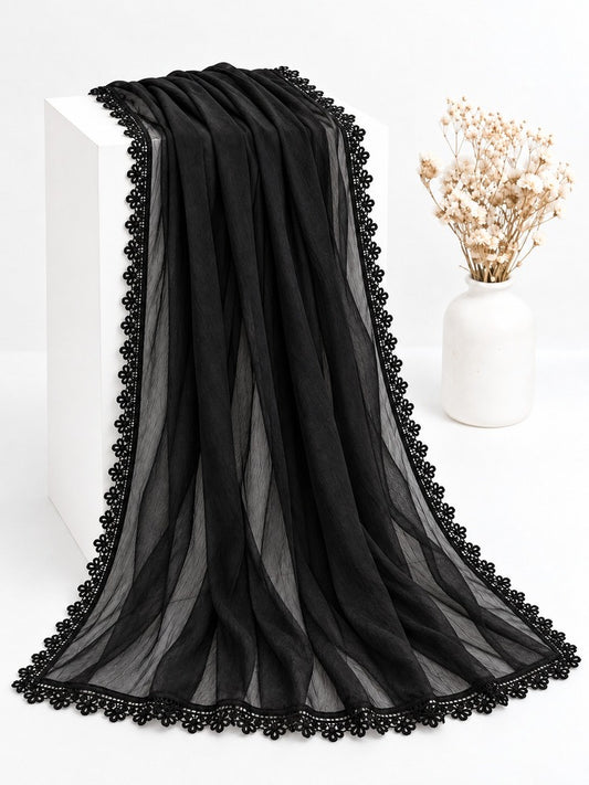 Chiffon Dupatta With 4 Sided Lace – Black - ZD937