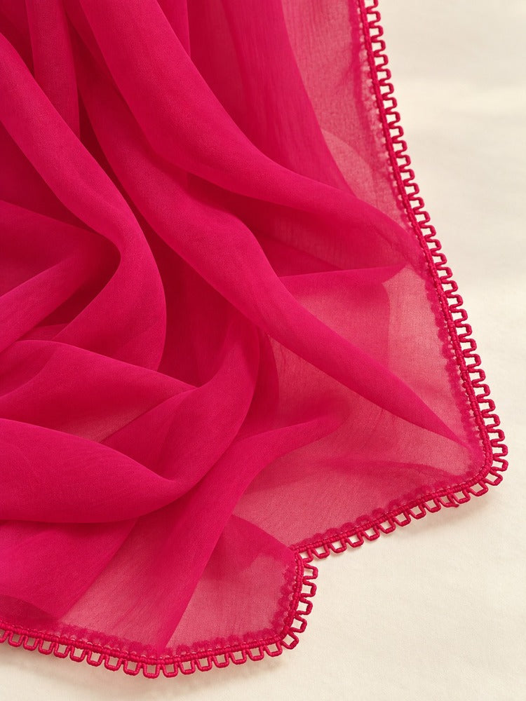 Chiffon dupatta With 4 Sided Lace - Fuchsia - ZD901