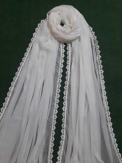 Chiffon Dupatta With 4 Sided Lace – White