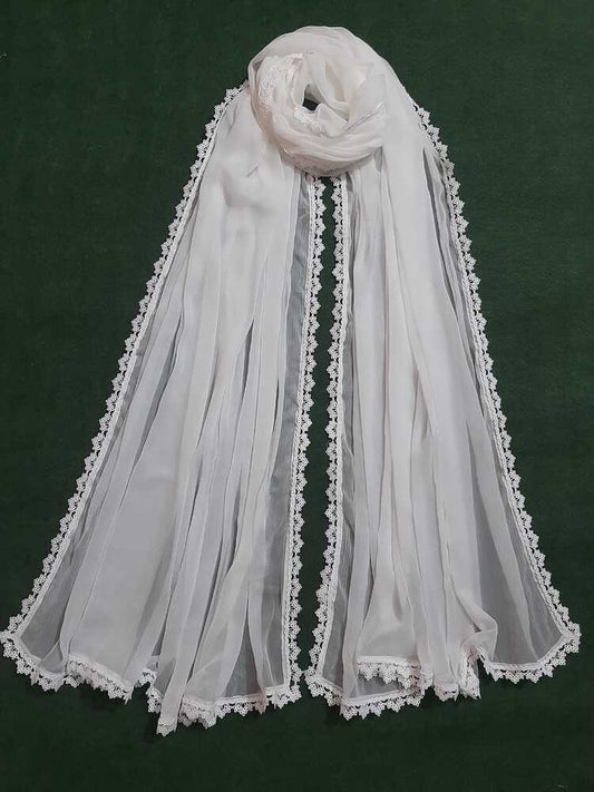 Chiffon Dupatta With 4 Sided Lace – White