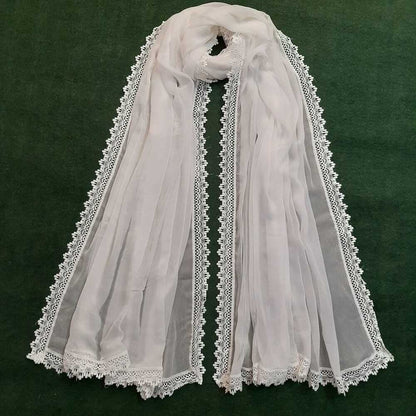 Chiffon Dupatta With 4 Sided Lace – White