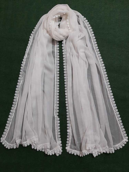 Chiffon Dupatta With 4 Sided Lace – White