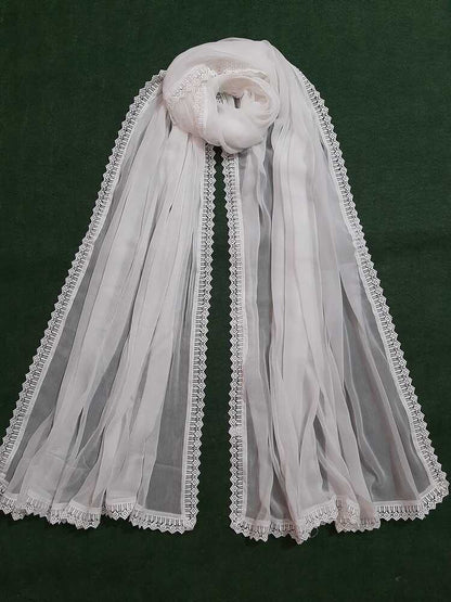 Chiffon Dupatta With 4 Sided Lace – White