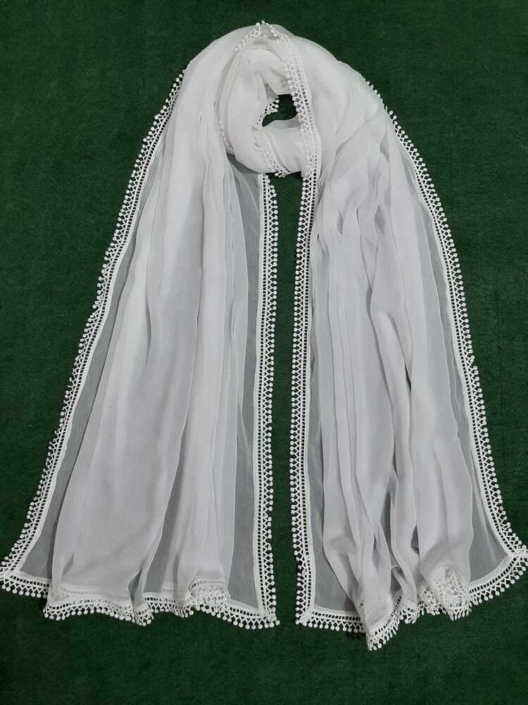 Chiffon Dupatta With 4 Sided Lace – White