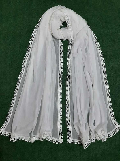 Chiffon Dupatta With 4 Sided Lace – White