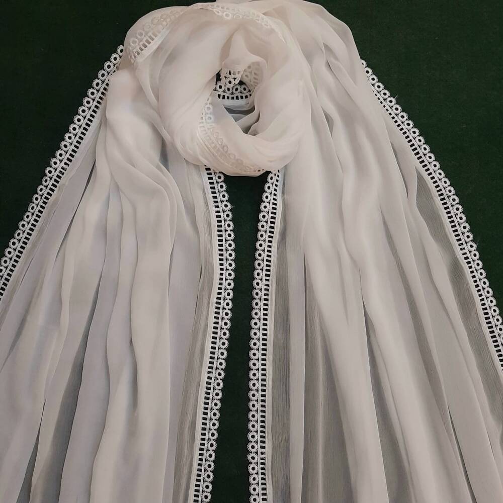 Chiffon Dupatta With 4 Sided Lace - White