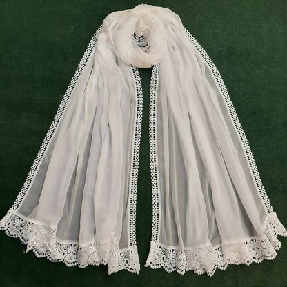 Chiffon Dupatta With 4 Sided Lace - White