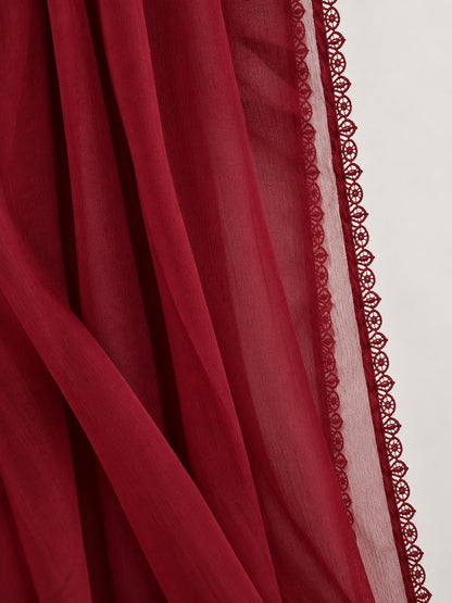 Chiffon dupatta With 4 Sided Lace - Maroon - ZD808