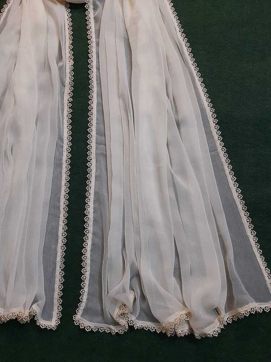 Chiffon dupatta With 4 Sided Lace - Cream - ZD603