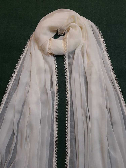 Chiffon dupatta With 4 Sided Lace - Cream - ZD603
