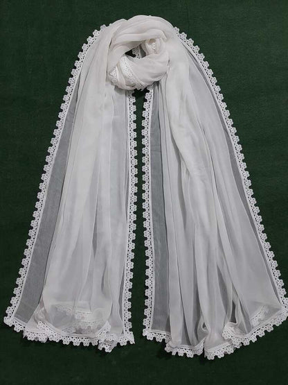 Chiffon dupatta With 4 Sided Lace - White - ZD807