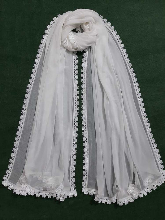 Chiffon dupatta With 4 Sided Lace - White - ZD807