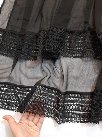 Chiffon Dupatta With Bottom Lace - Black - ZD850