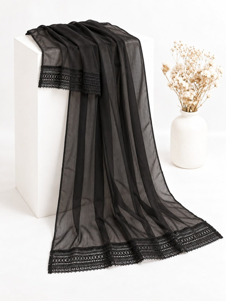 Chiffon Dupatta With Bottom Lace - Black - ZD850