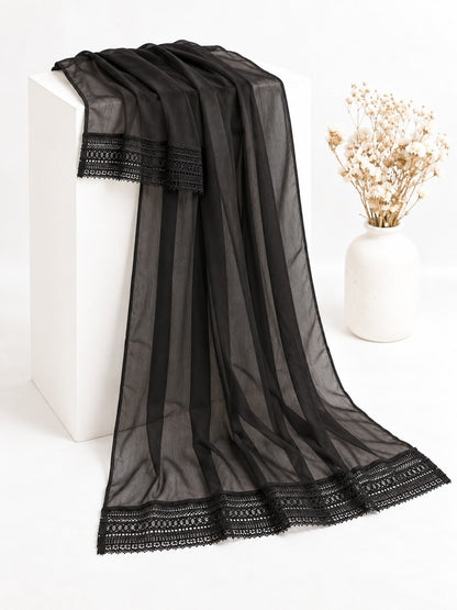 Chiffon Dupatta With Bottom Lace - Black - ZD850