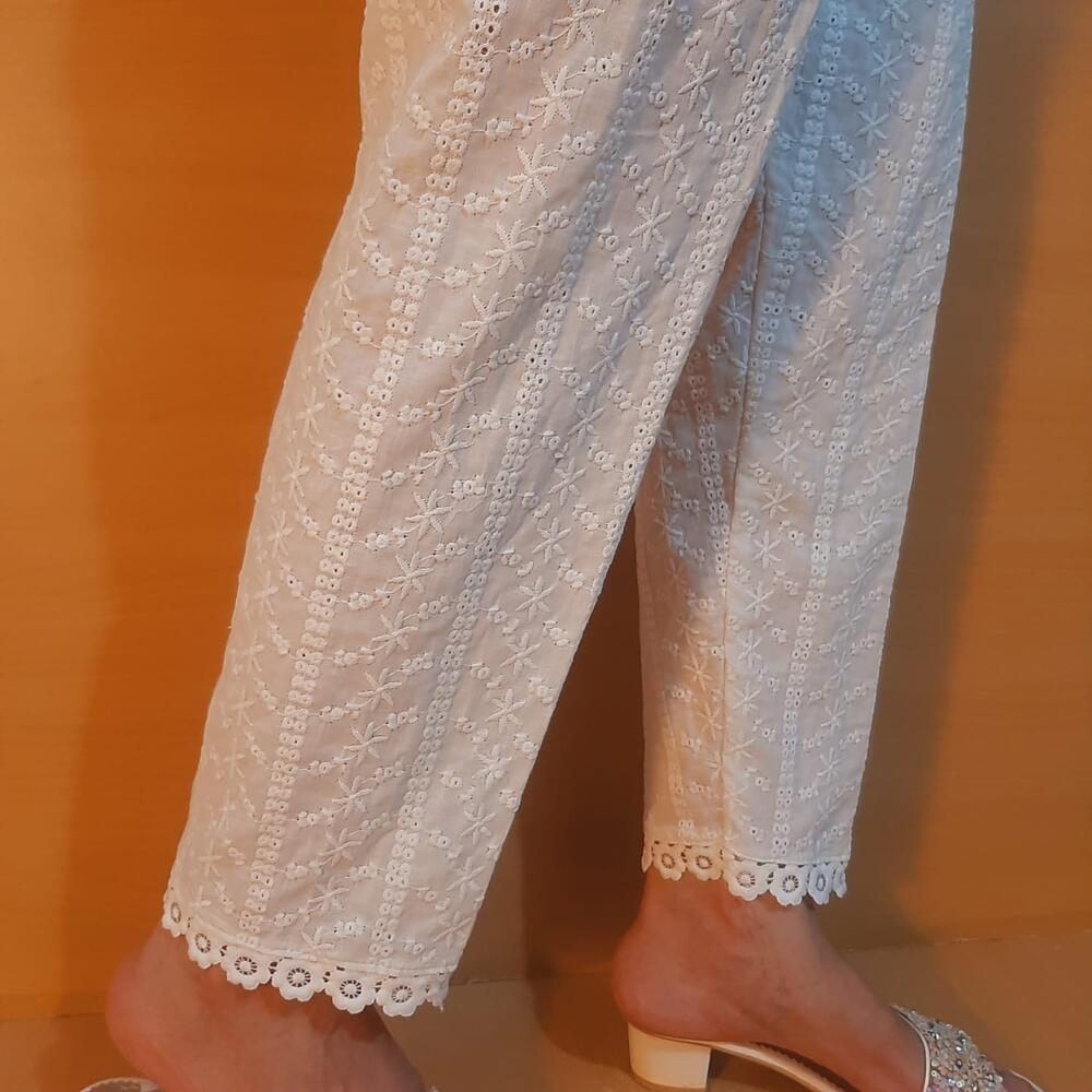 Chikankari Trouser - Soft Cotton - White - ZT479