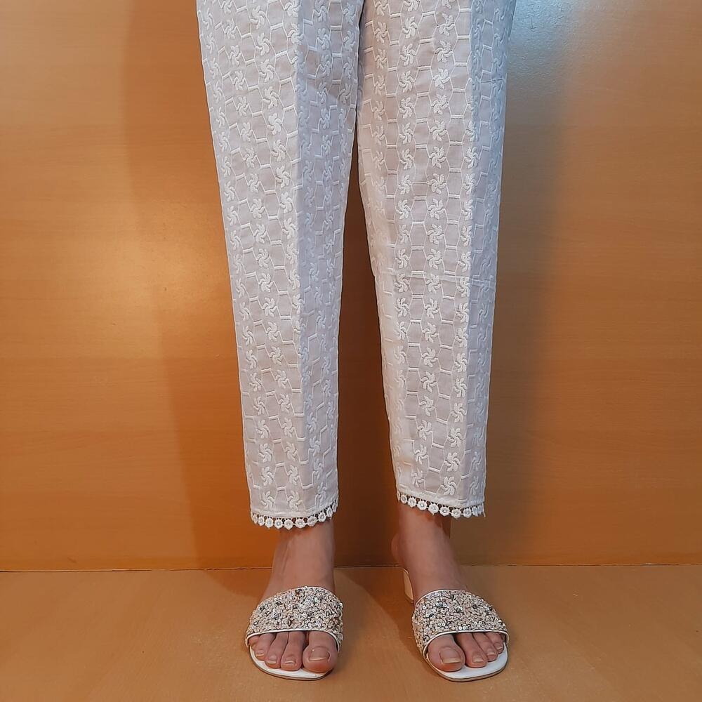 chikan kari trouser with bottom lace white