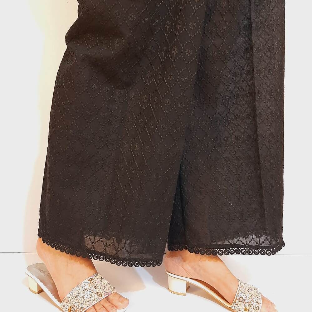 Chikankari Cotton Palazzo - Black - ZT205