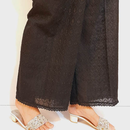 Chikankari Cotton Palazzo - Black - ZT205