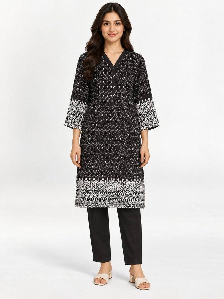 Chikankari Lace Embelished Kurti - Black - ZK193