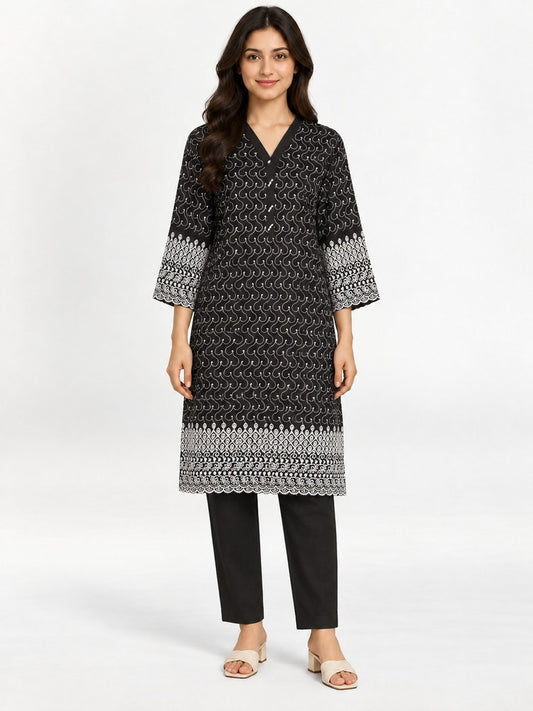 Chikankari Lace Embelished Kurti - Black - ZK193