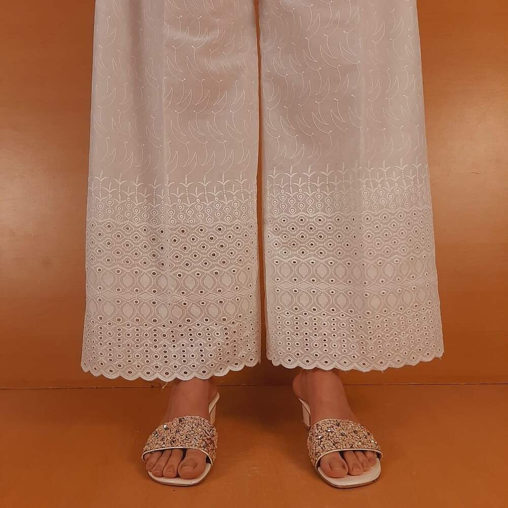 Chikankari Palazzo - Cotton - White - ZT305