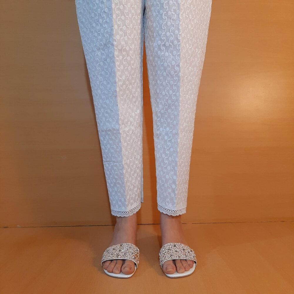 chikankari soft cotton white trouser
