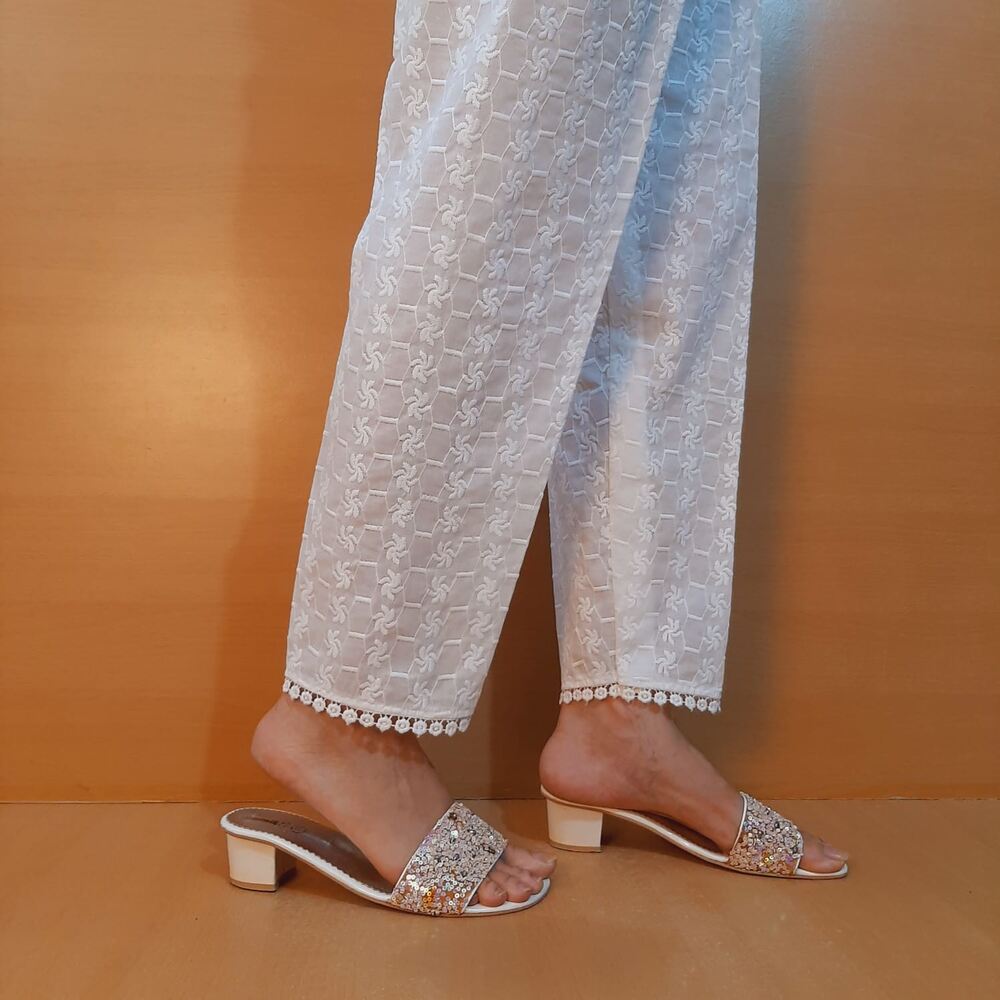chikan kari trouser with bottom lace white