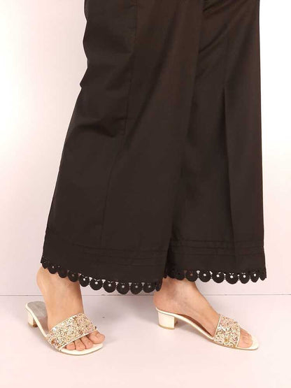 Cotton Palazzo With Bottom Lace - Black - ZT302