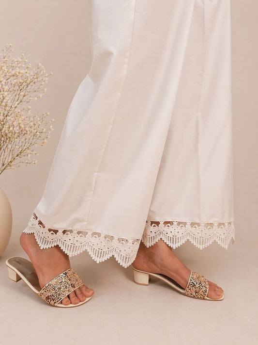 Cotton Palazzo With Bottom Lace - White  - ZT400