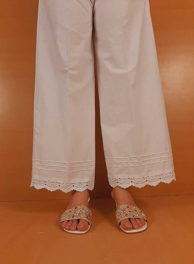 Cotton Palazzo With Bottom Lace - White - ZT308