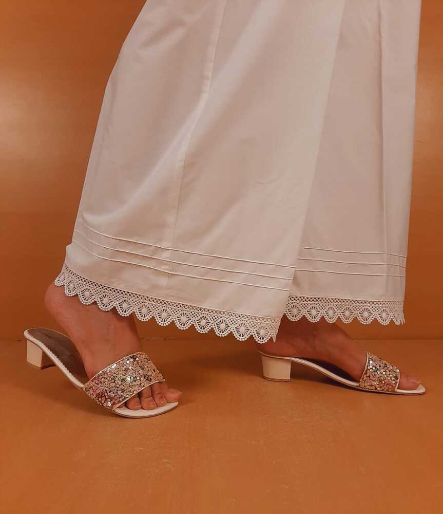 Cotton Palazzo With Bottom Lace - White - ZT309