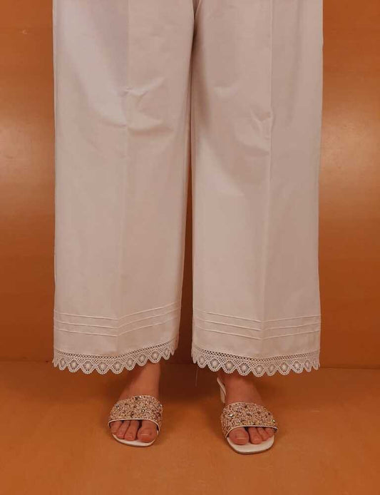 Laces Embellished Cotton Palazzo - White - ZT314