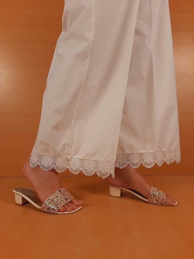 Cotton Palazzo With Bottom Lace - White  - ZT400