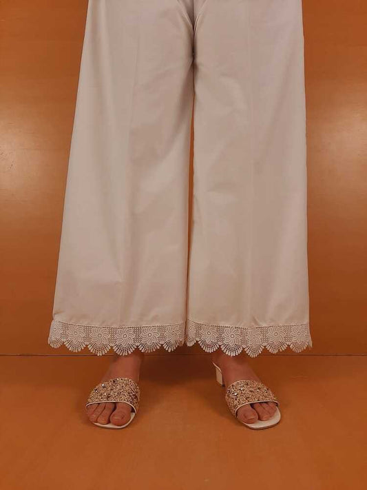 Cotton Palazzo With Bottom Lace - White  - ZT400