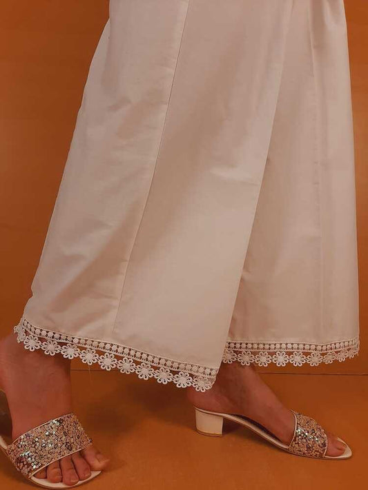 Cotton Palazzo With Bottom Lace - White - ZT403