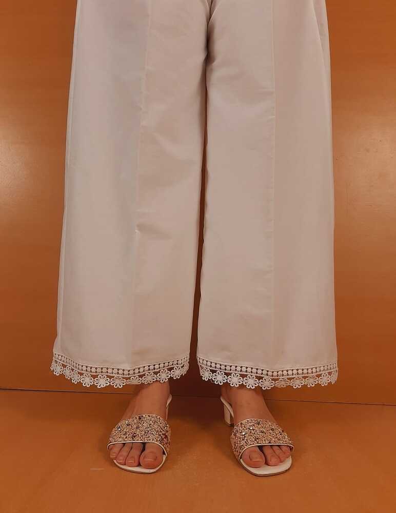 Cotton Palazzo With Bottom Lace - White - ZT403
