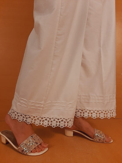 Cotton Palazzo With Bottom Lace - White  - ZT407