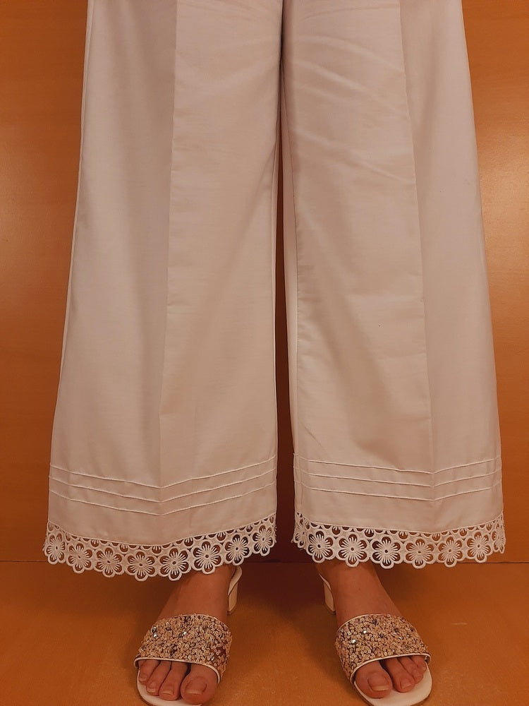 Cotton Palazzo With Bottom Lace - White  - ZT407