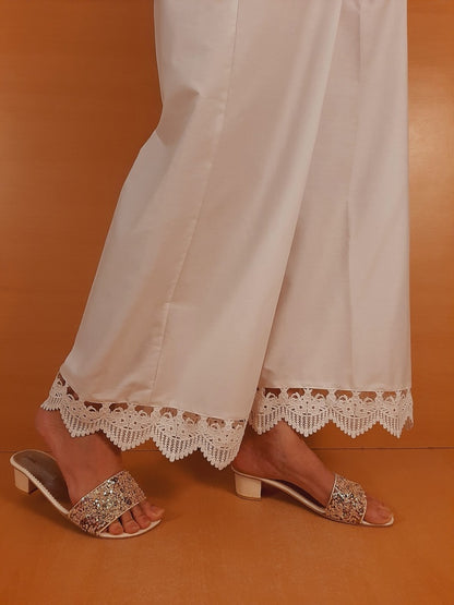 Cotton Palazzo With Bottom Lace - White  - ZT408