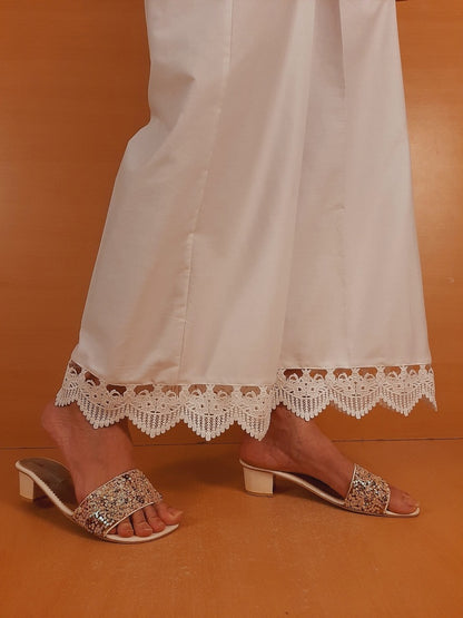 Cotton Palazzo With Bottom Lace - White  - ZT408