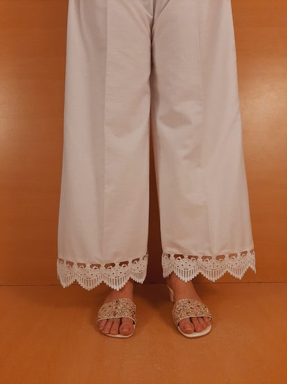 Cotton Palazzo With Bottom Lace - White  - ZT408
