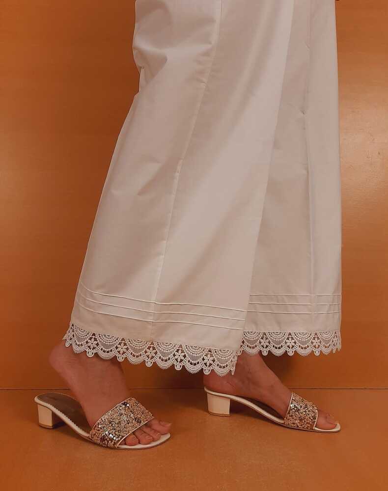 Cotton Palazzo With Bottom Lace - White  - ZT409