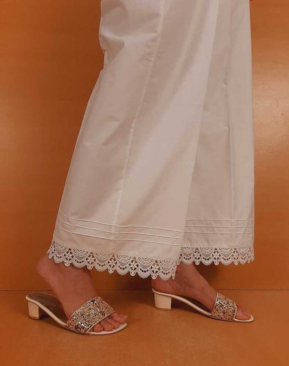 Cotton Palazzo With Bottom Lace - White  - ZT409