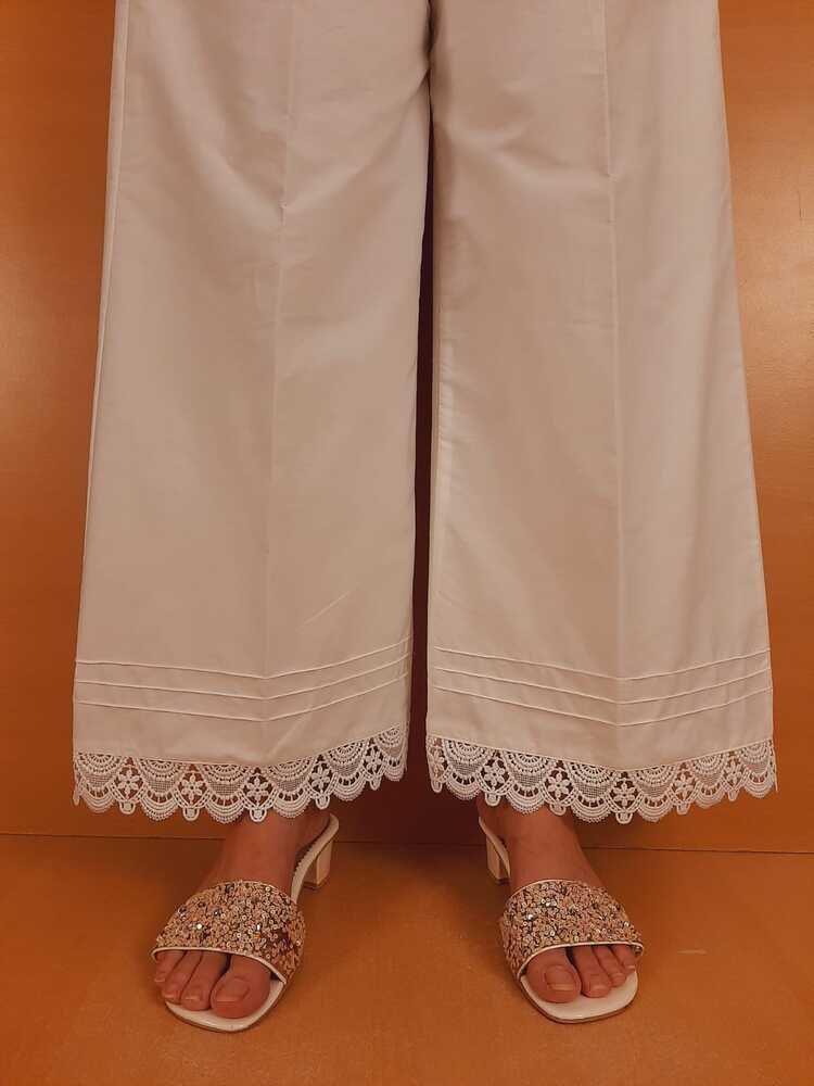 Cotton Palazzo With Bottom Lace - White  - ZT409