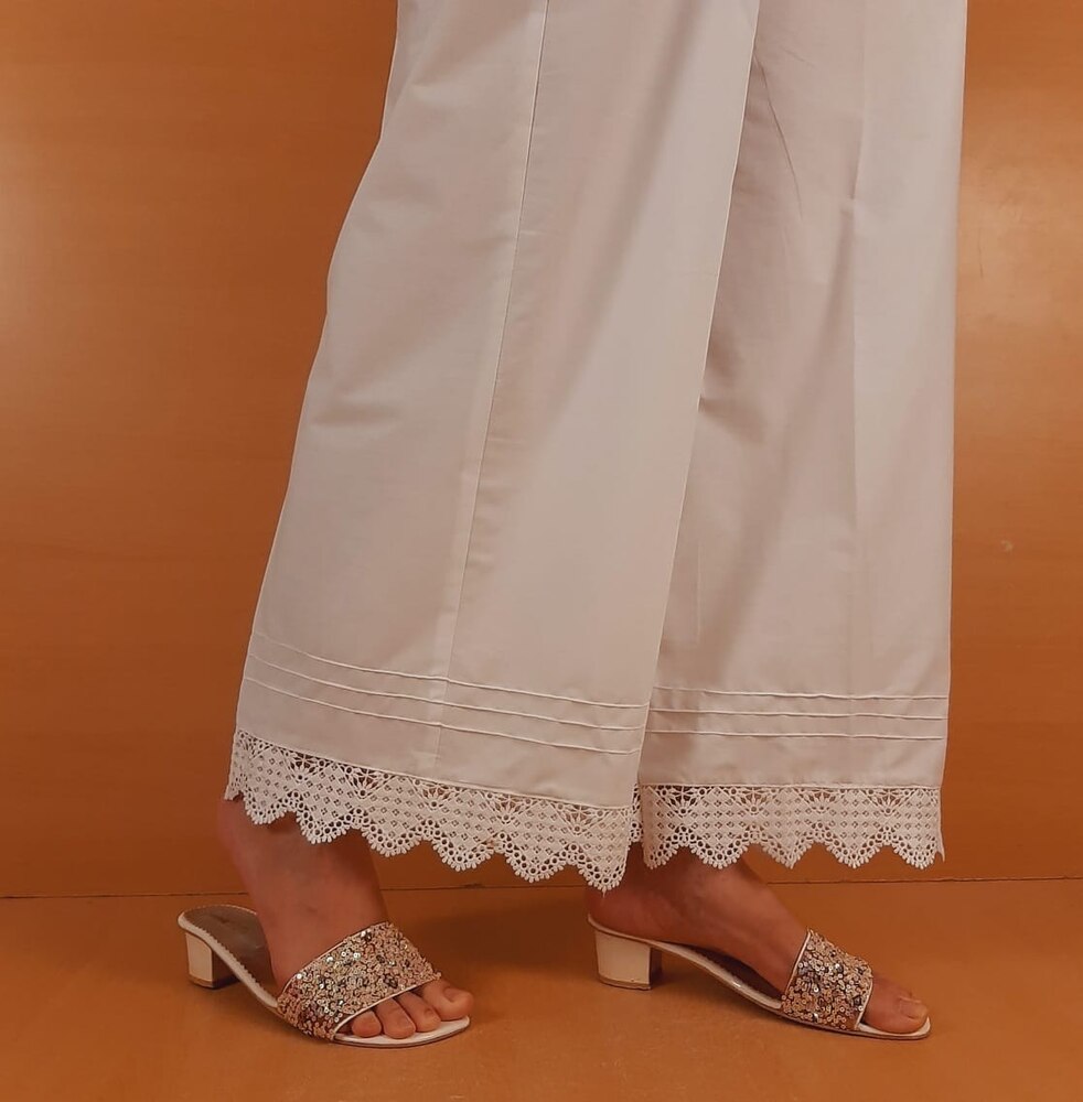 Cotton Palazzo With Bottom Lace - White - ZT470