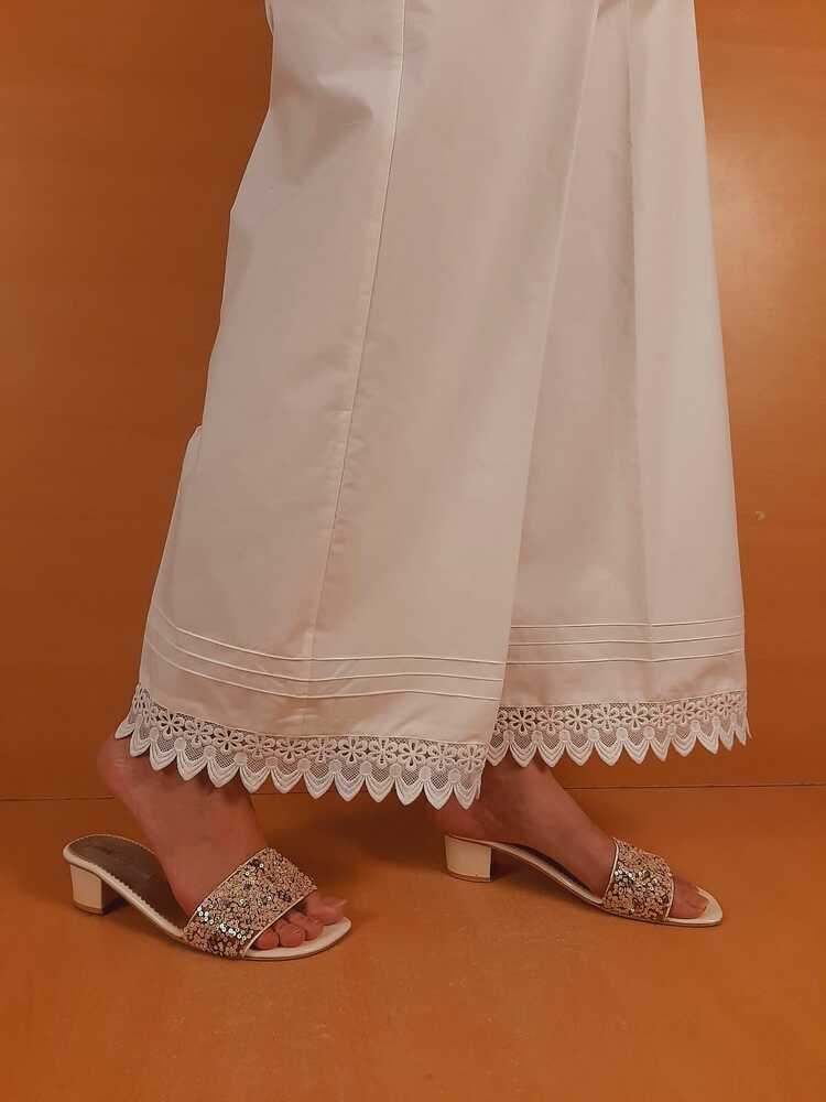 Cotton Palazzo With Bottom Lace - White  - ZT471